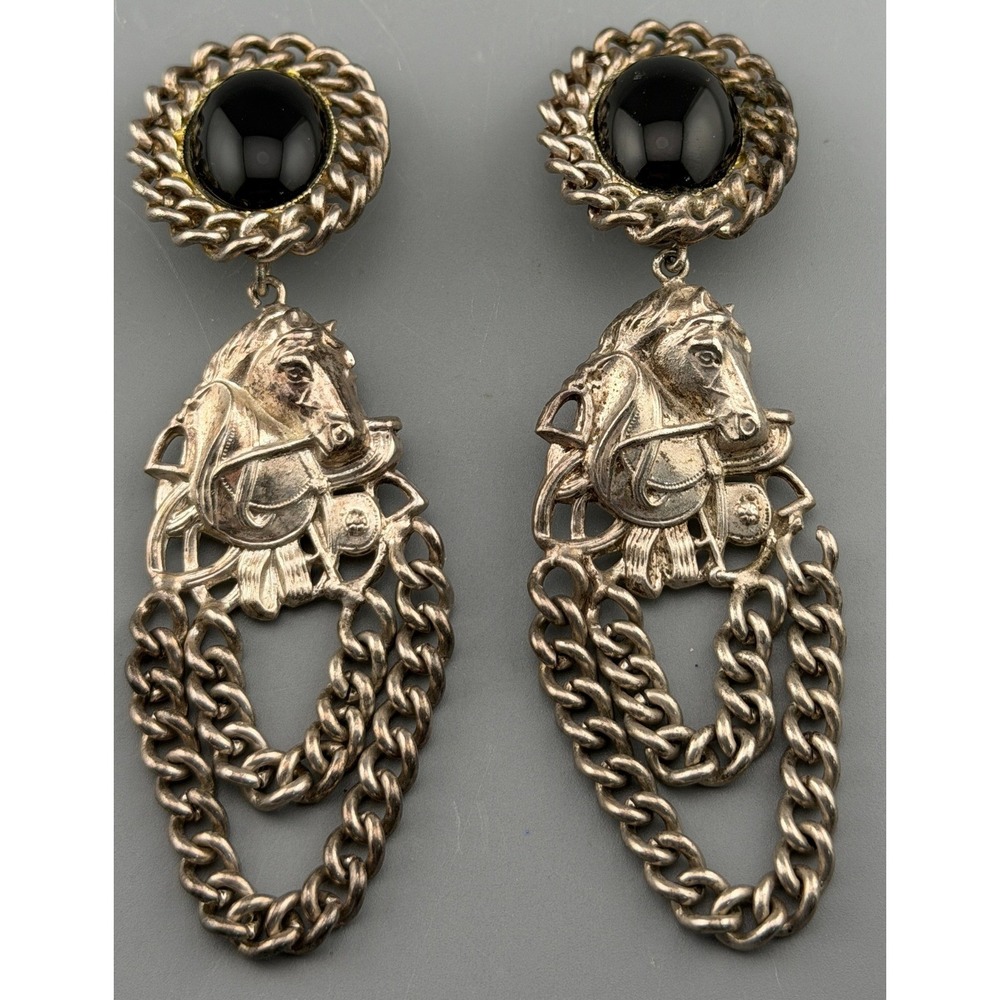 Vintage Horse Earrings Black Cabochon Curb Chain Dangle Equestrian Clip On 3.75"